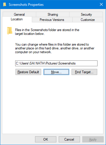 Change Default Screenshot Folder in Windows 10