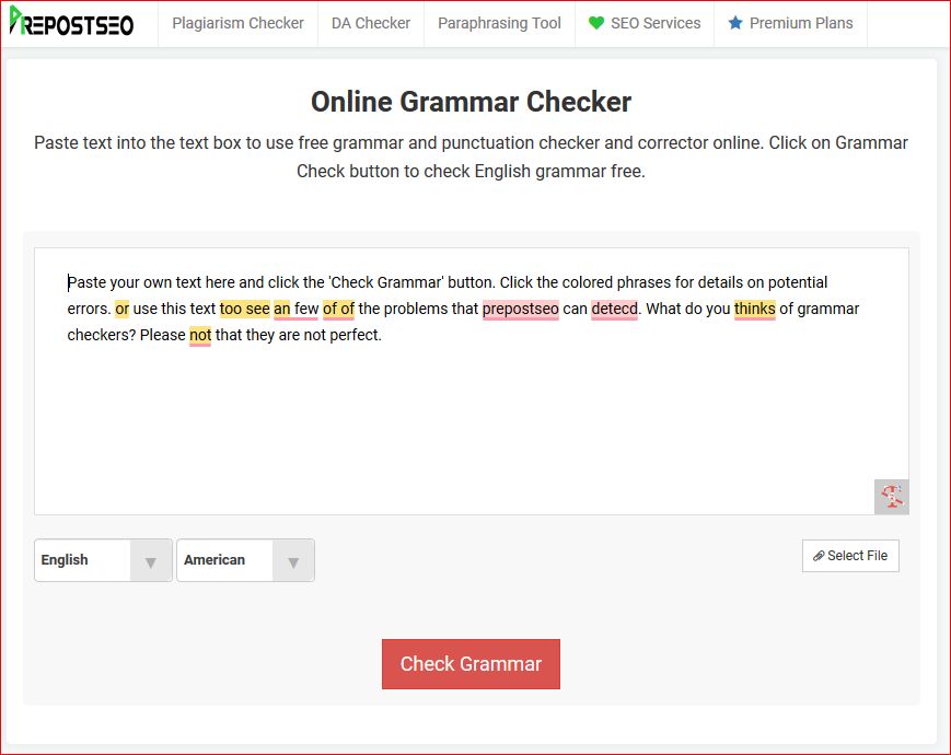 Prepostseo online Grammer Checker tool