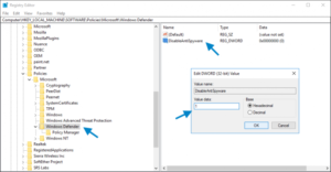 If you find a registry entry named DisableAntiSpyware, double-click it and set its value data to 1.