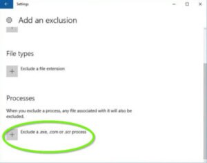 Click "Exclude a .exe, .com or .scr process".