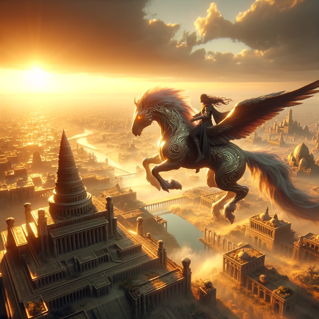 3D fantasy character, riding a mythical creature, above an ancient city